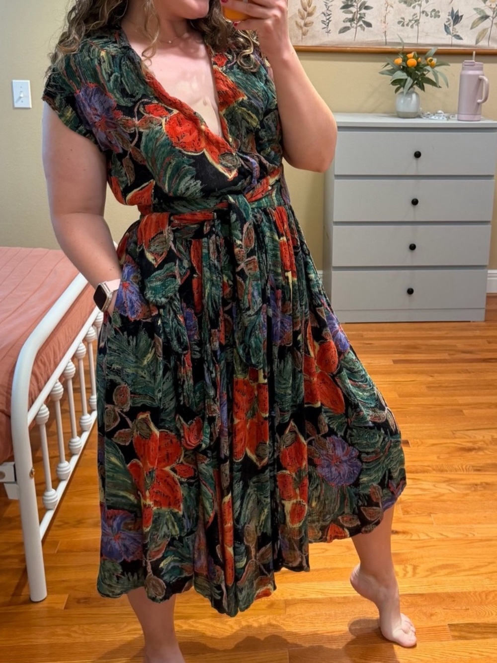 Vintage Together! Floral Wrap Midi Dress in Green, Red, Purple Florals Large